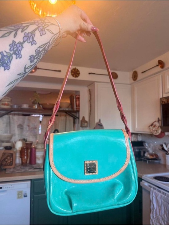 Dooney & Bourke Handbags - Dooney & Bourke Teal Patent Leather Shoulder Bag Tan Trim